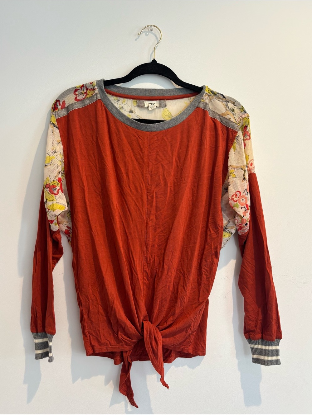 Rust Tie-Front Women's Top With Gauzy Accents